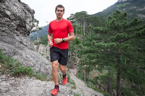 Man running in forest and mountains training and exercising for