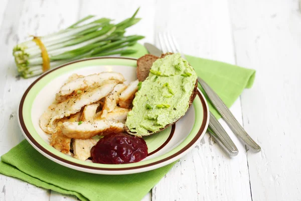 Chop white meat and cranberry sauce