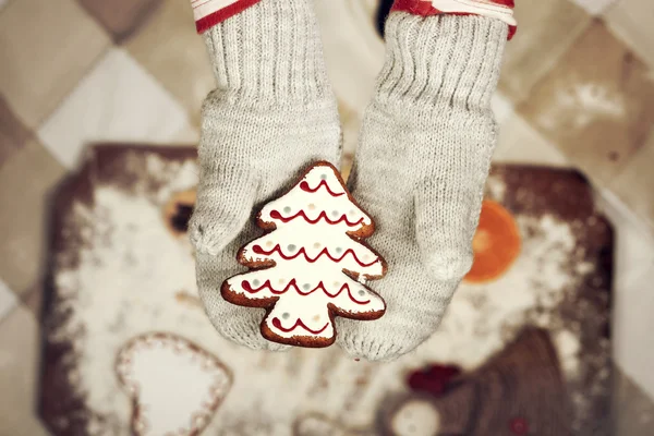 Child\'s hands in gloves holding gingerbread cookie