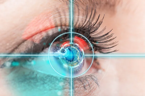 Close-up woman eye with laser medicine.