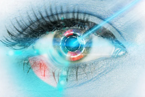 Close-up woman eye with laser medicine.