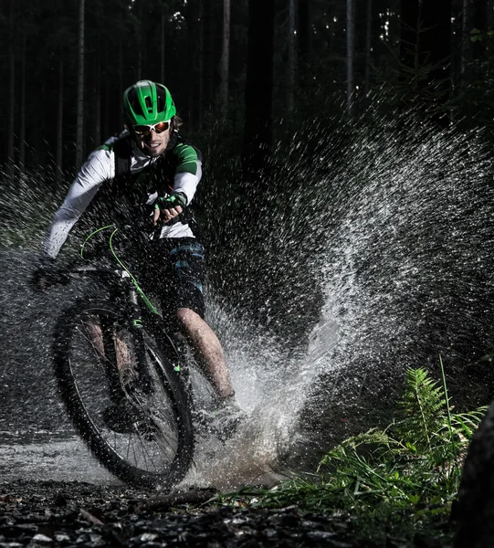 Mountain biker speeding through forest stream.