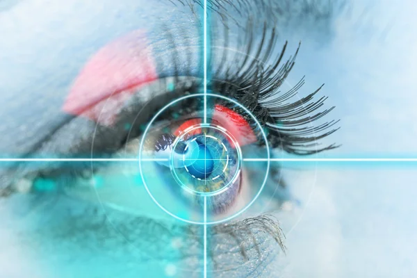 Close-up woman eye with laser medicine.