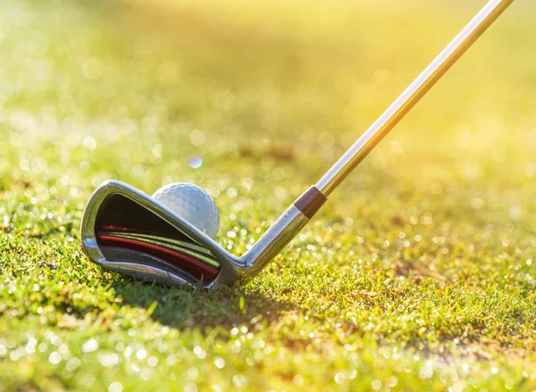 Close-up of golf ball with club