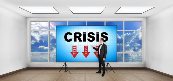 Businessman with pointer standing in room and showing crisis symbol on screen