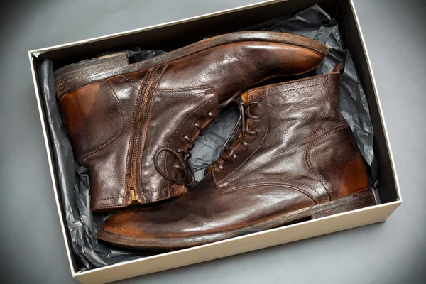 Fashion men's leather shoes in box. Handmade shoes