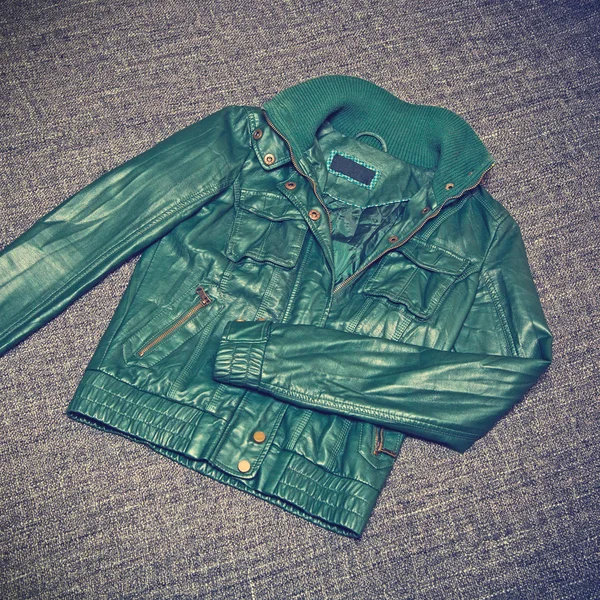 Women's leather jacket green. Youth urban clothing. Vintage style