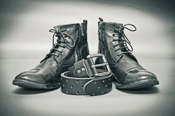 Fashion leather shoes, leather belt with  buckle. Vintage style