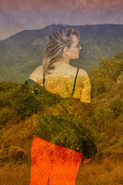 A girl stands with his back to the camera in a red skirt and a jacket on a background summer landscape. The effect of double exposure. photo collage