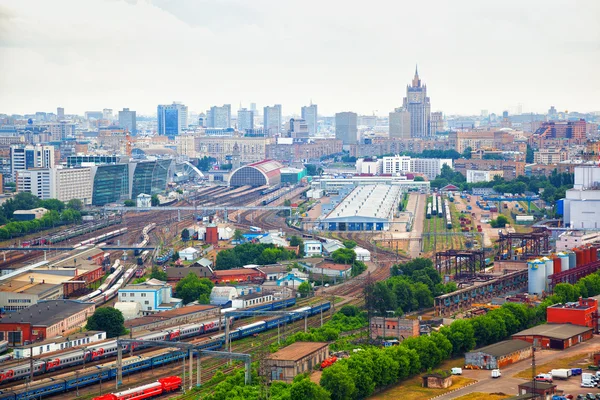 MOSCOW, RUSSIA - JUNE 9, 2014: View of Moscow - railway, railway station, railroad Depot, high-rise residential buildings