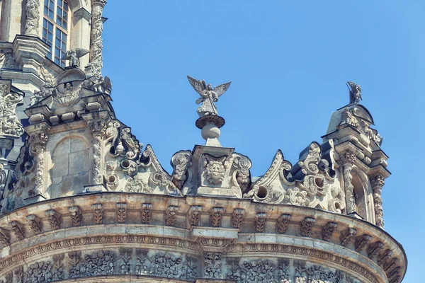 Baroque architecture, the Orthodox Church in Dubrovitsy (Moscow region). Statue close-up details of the architecture