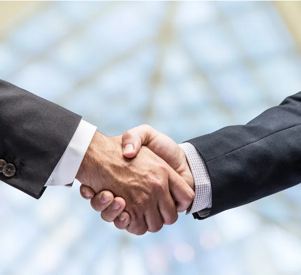 Handshake. Closeup shot of hands. The business center on the background.