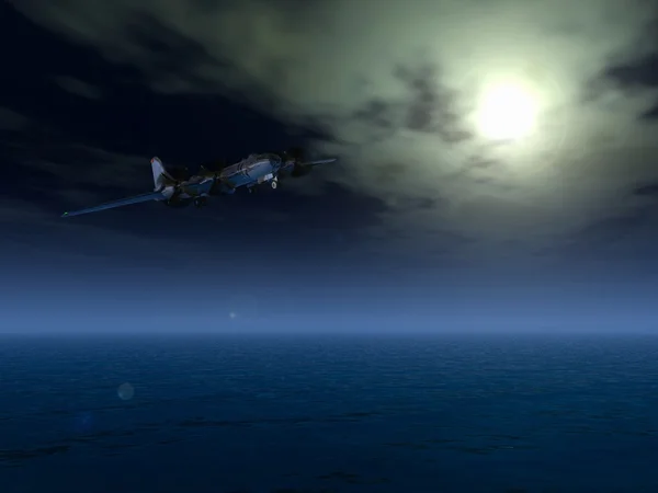 Airplane on night sky sea moon fog clouds