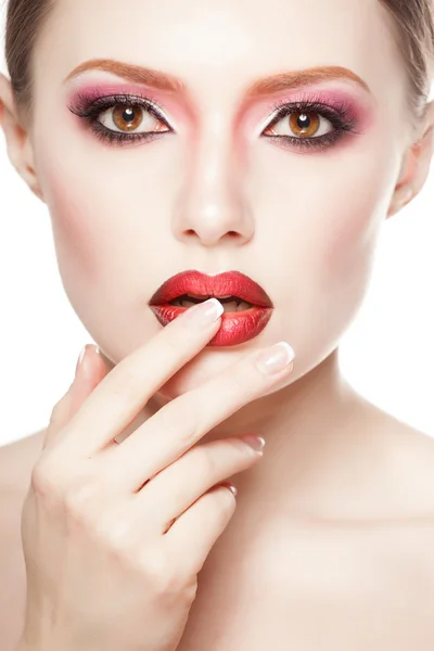 Beauty Fashion Model Girl with pink make-up, close-up studio shoot