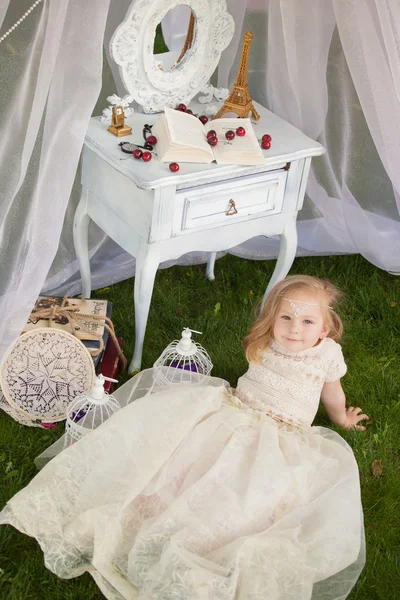 Outdoor portrait of cute little girl in princess dress