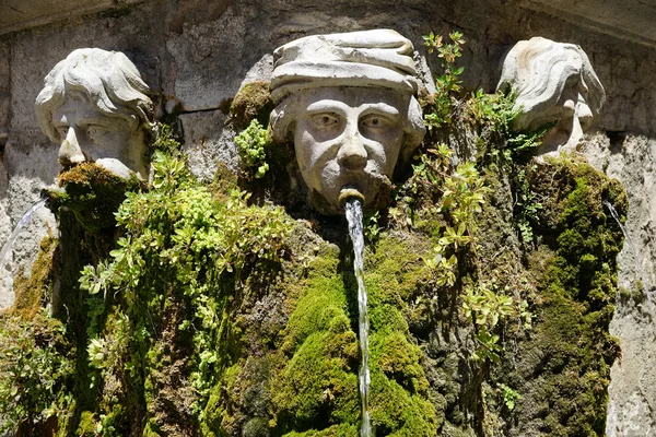Stone heads and fountain