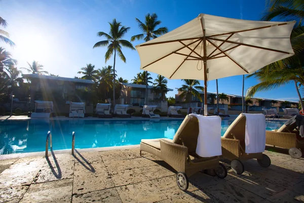 Art Deckchairs in tropical resort hotel pool