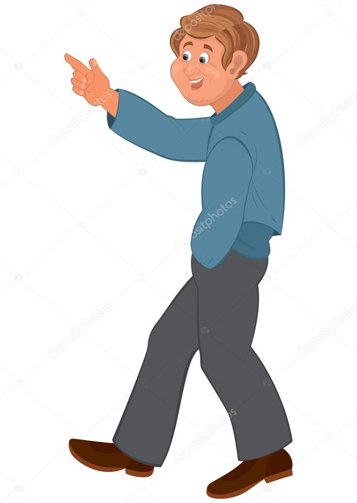 Hombre feliz de dibujos animados caminar y apuntar ... Hombre feliz de dibujos animados caminar y apuntar ...