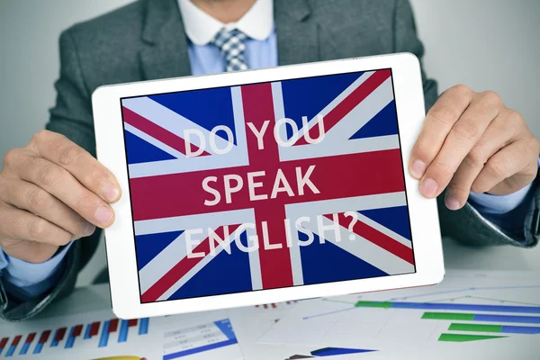 Question do you speak English? in a tablet computer