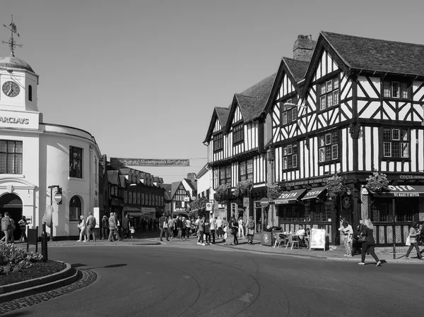 Tourists visiting Stratford upon Avon in black and white