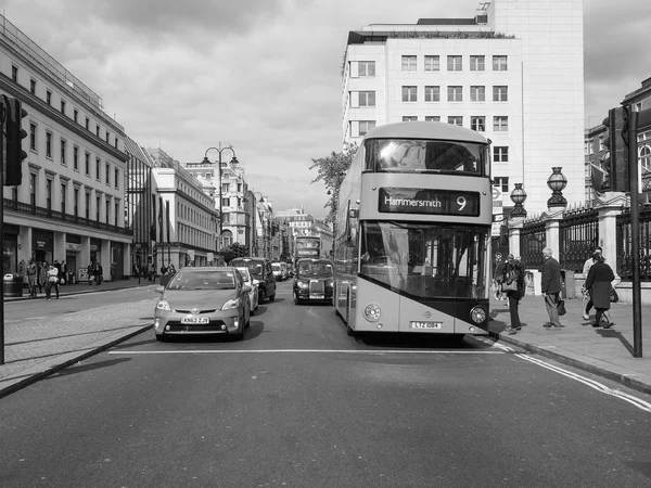 Black and white Double Decker bus
