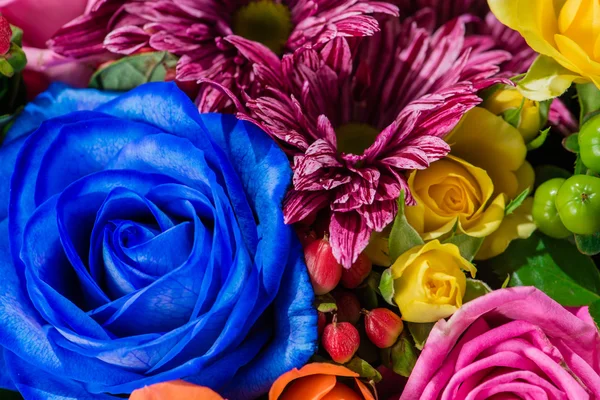 Close-up of a blue rose, chrysanthemum and shrub rose in a bouqu