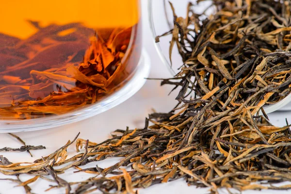 Close-up of spilled tea Golden needle with a red-haired (Golden