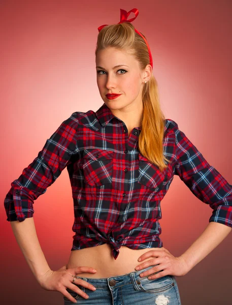 Beautiful young blond Pinup woman gesturing we can do it over re