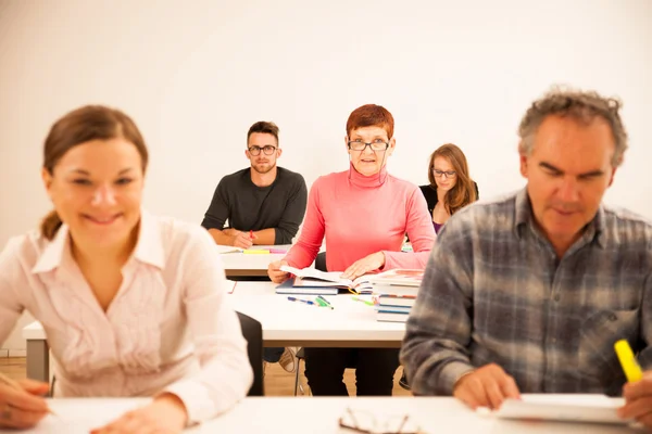 Group of people of different age sitting in classroom and attend