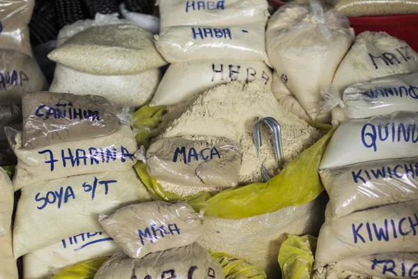 A sack of dry corn at a farmers market in Peru