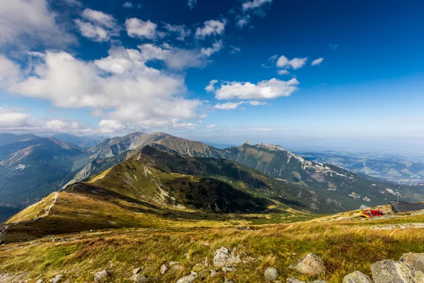 Path on the steep side of Kasprowy Wierch in Tatra mountains and a view of the border between Poland and Slovakia.