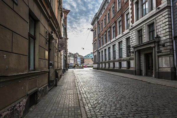 Morning street in medieval town of old Riga city, Latvia. Walkin