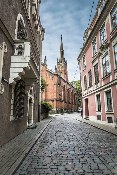 Morning street in medieval town of old Riga city, Latvia. Walkin