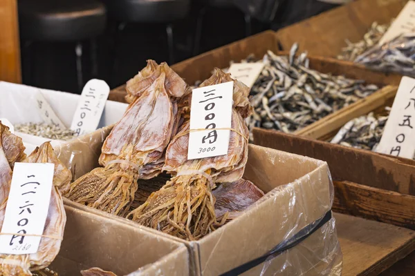 Dried fish, seafood product at market from Japan.