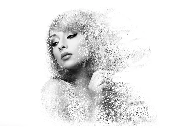 Fashion makeup woman with pixeled dispersion effect. Art closeup