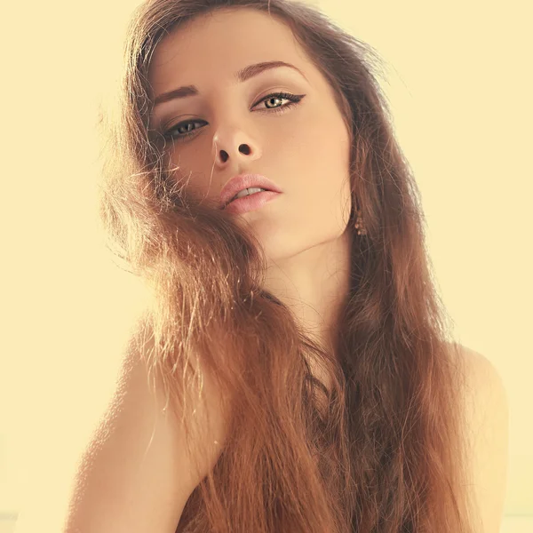 Beautiful sexy woman with long hair in sun light. Closeup art portrait