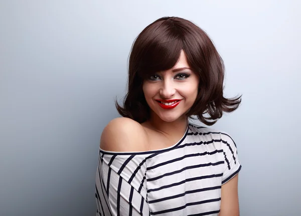 Happy smiling young woman with short black hair style