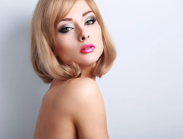 Beautiful glamour makeup woman with long lashes and pink lipstic