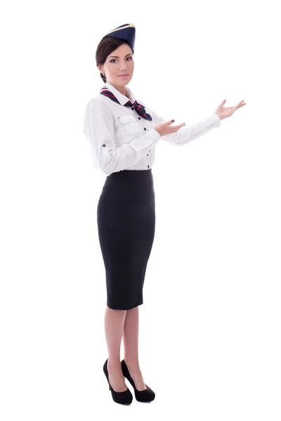 Welcoming flight attendant isolated on white