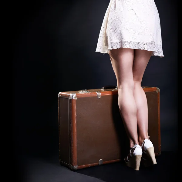 Woman  with retro suitcase