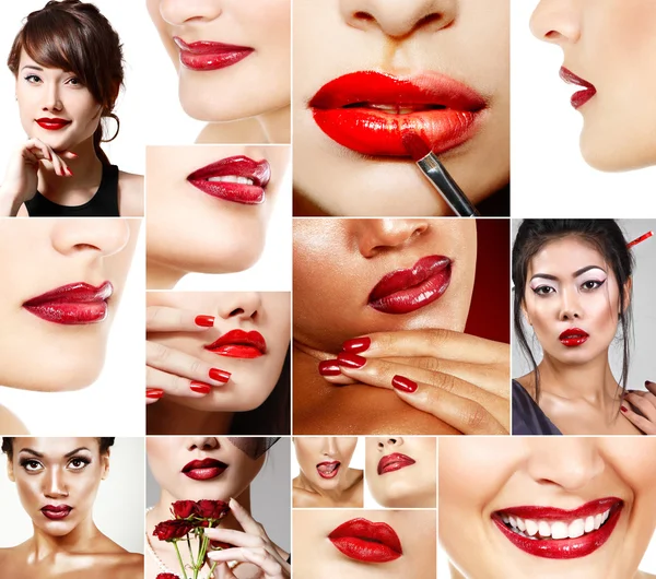 Women with red lipstick.