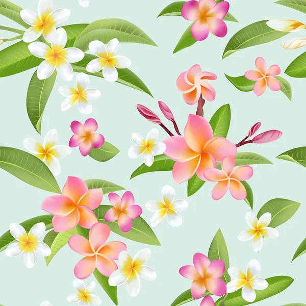 Tropical Flowers and Leaves Pattern. Seamless Background. Exotic Plumeria Flower