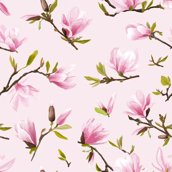 Seamless Floral Pattern. Magnolia Flowers and Leaves Background. Exotic Flower. Vector