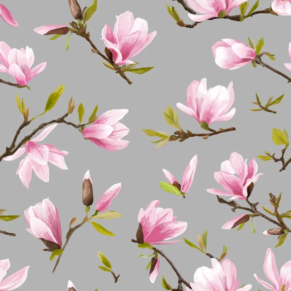 Seamless Floral Pattern. Magnolia Flowers and Leaves Background. Exotic Flower. Vector