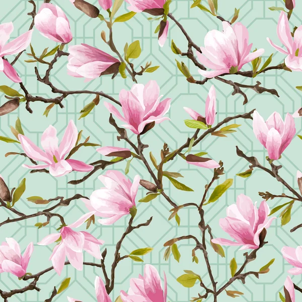 Seamless Floral Pattern. Magnolia Flowers and Leaves Background. Exotic Flower. Vector