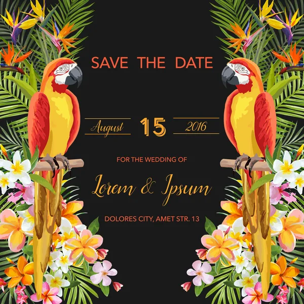 Save the Date. Wedding Card. Tropical Flowers. Parrot Bird. Tropical Card. Tropical Vector. Floral Background.