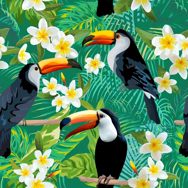 Tropical Flowers and Birds Background. Toucan Bird. Vintage Seamless Pattern. Vector Background.