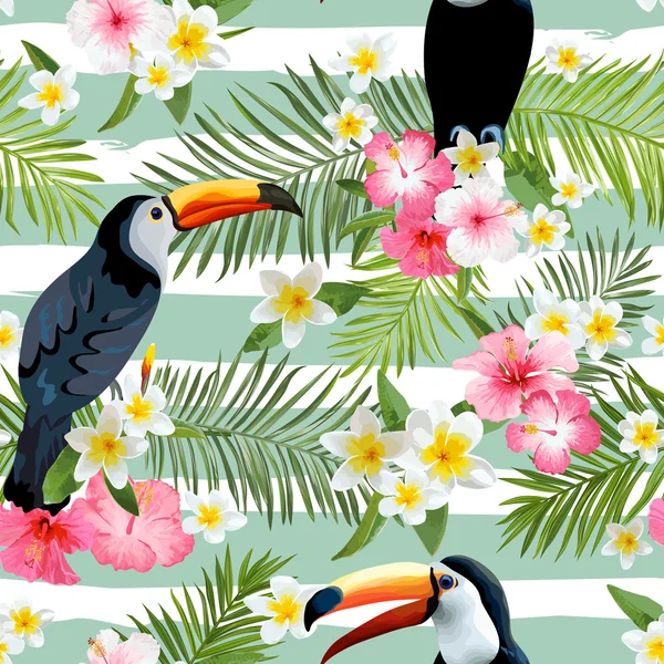 Toucan Bird Background. Retro Pattern. Tropical Background. Tropical Bird. Tropical Flower. Floral Seamless Background. Vector Background.