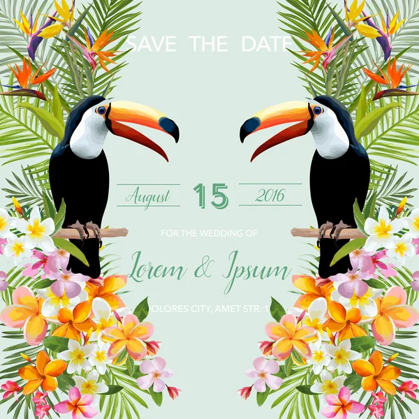 Save the Date. Wedding Card. Tropical Flowers. Toucan Bird.  Tropical Card. Tropical Vector. Floral Background.