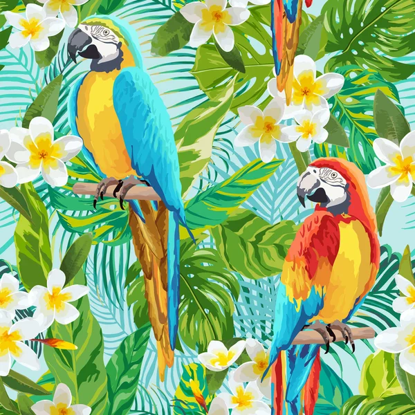 Tropical Flowers and Birds Background - Vintage Seamless Pattern - in vector